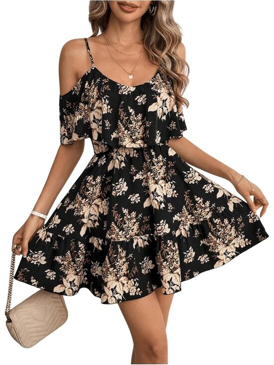 Dresses & Skirts - Women's Black Boho Floral Mini Dress Cold Shoulder Short Sleeve Ruffle Vacation